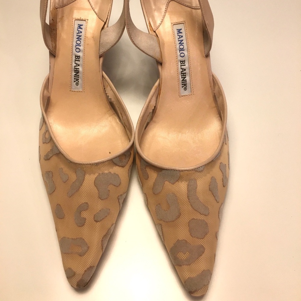 Manolo Blahnik Nude Mesh Leopard Slingback Heels
